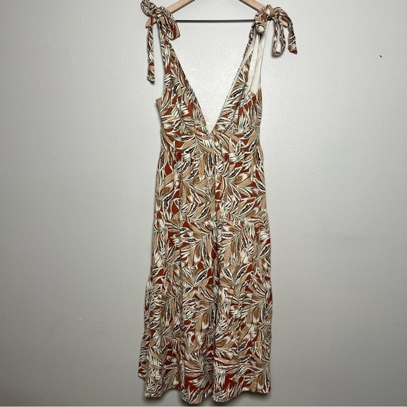 House of Harlow 1960 Women Linen Dress Small Tan Tropical Resort Midi Tiered - Picture 1 of 9